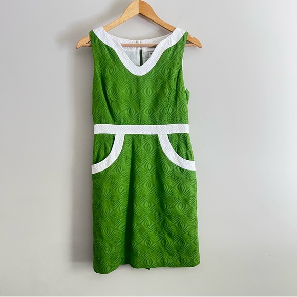 Milly Of New York Green Textured A-Line Dress White Trim Pockets Size 2 - Picture 2 of 8
